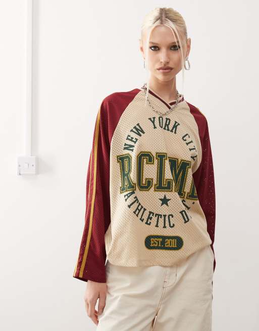 Reclaimed Vintage - T-shirt oversize style maillot de football en AirTex à manches longues - Bordeaux