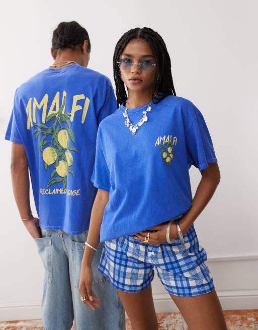 Reclaimed Vintage - T-shirt oversize unisex blu con stampa di limoni e scritta “Amalfi”