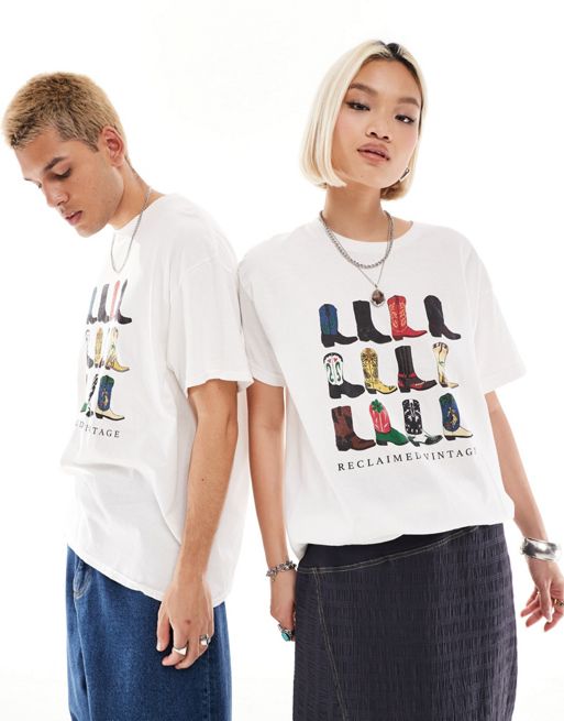 Reclaimed Vintage - T-shirt oversize unisexe avec motif santiags - Blanc