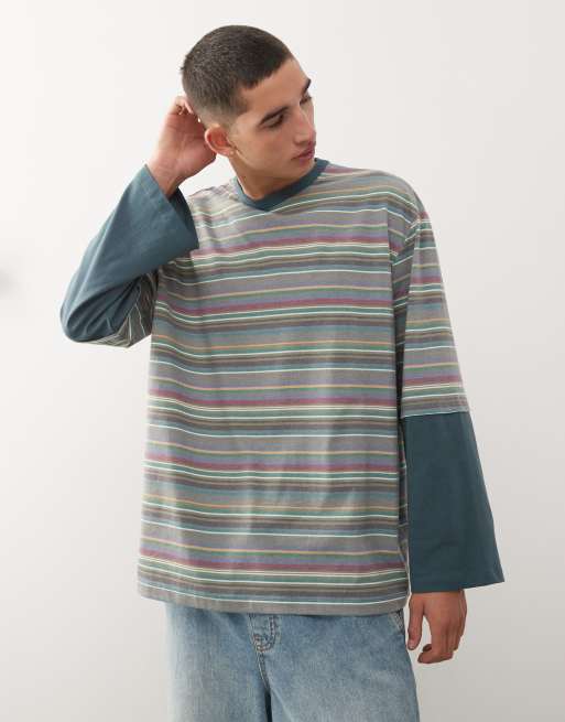Reclaimed Vintage - T-shirt squadrata a righe miste con bordi a contrasto e design effetto doppio strato