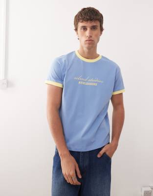Reclaimed Vintage - T-shirt taglio corto squadrata blu e gialla con profili a contrasto e grafica del logo - view 1