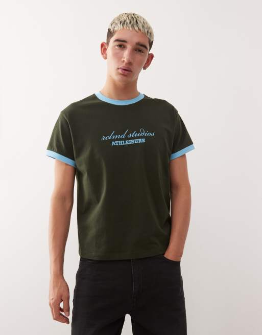 Reclaimed Vintage - T-shirt taglio corto squadrata blu e marrone con profili a contrasto e grafica del logo