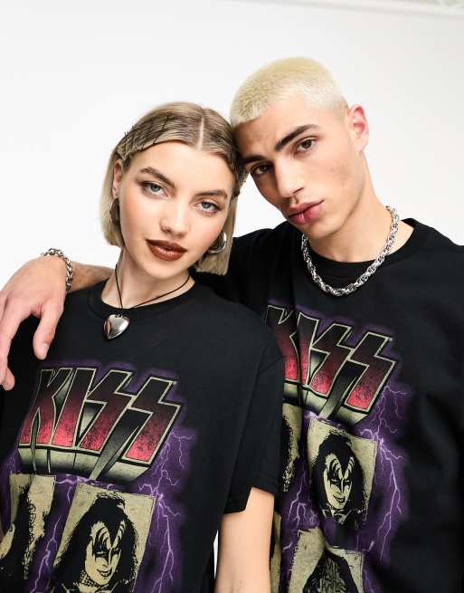 Reclaimed Vintage T shirt unisex nera con stampa dei Kiss su licenza ASOS