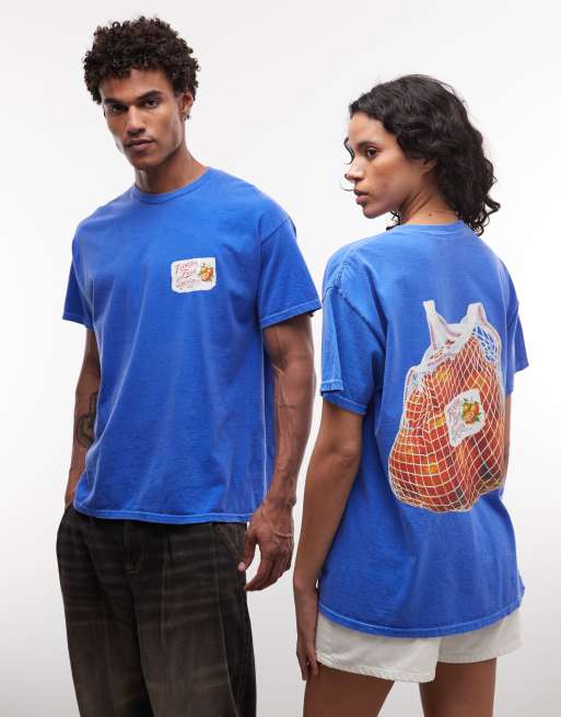 Reclaimed Vintage - T-shirt unisex oversize blu con grafica arance, 4 di 4