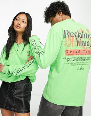 Reclaimed Vintage unisex mountain back print long sleeve t-shirt in green - ASOS Price Checker