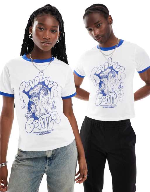 Reclaimed Vintage - T-shirt unisexe effet rétréci à liserés avec imprimé Beatles sous licence - Blanc