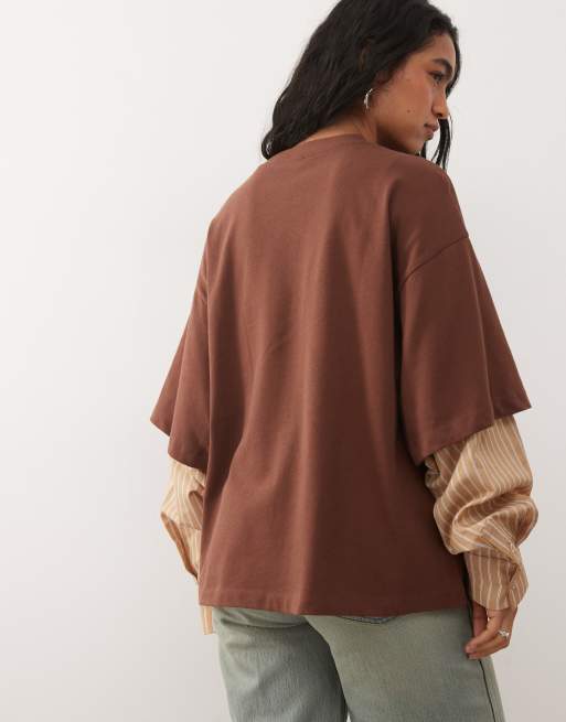 Reclaimed Vintage t-shirt with double layered shirt in yellow and brown, 4 of 4
