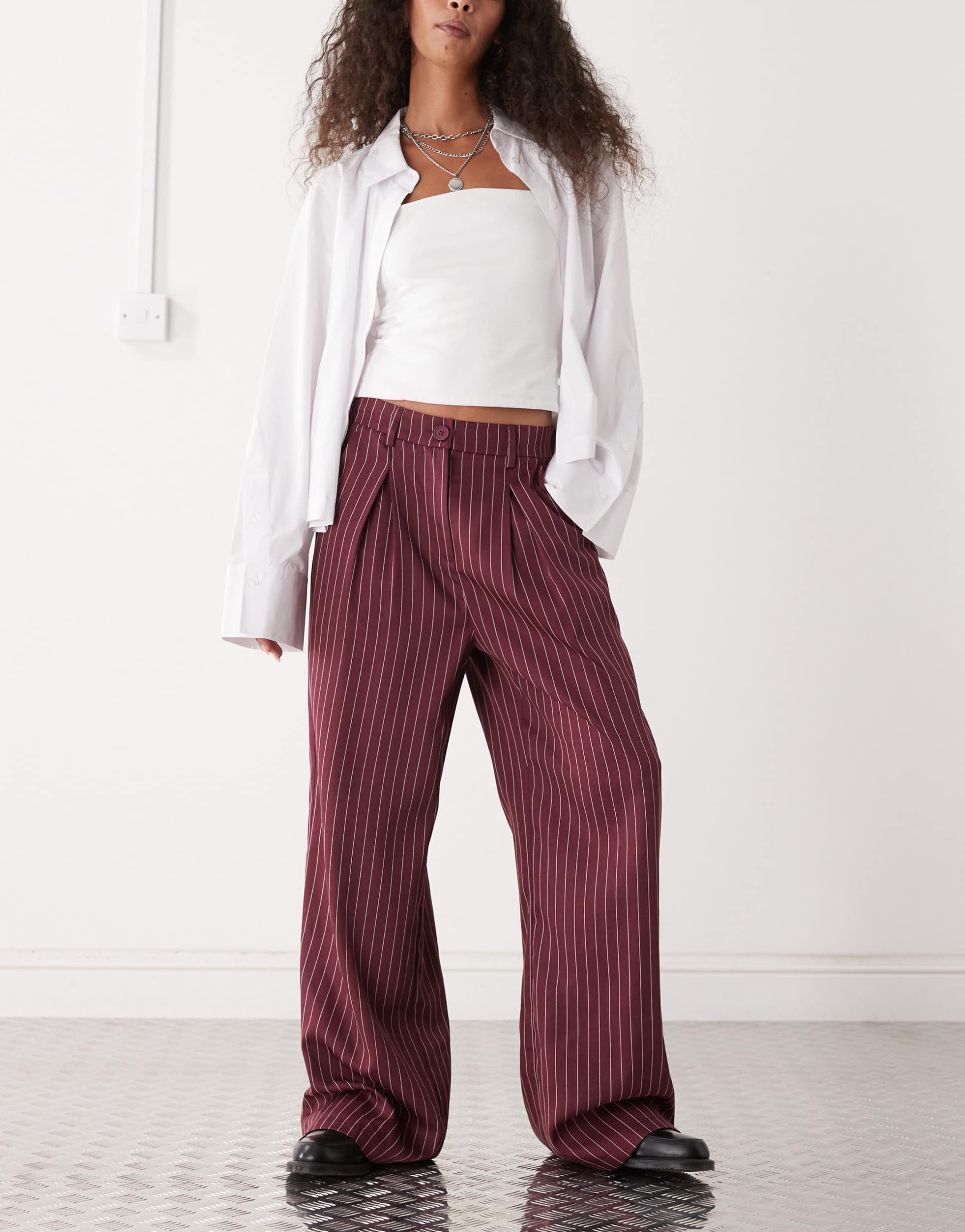reclaimed vintage tailored baggy pants in burgundy pinstripes