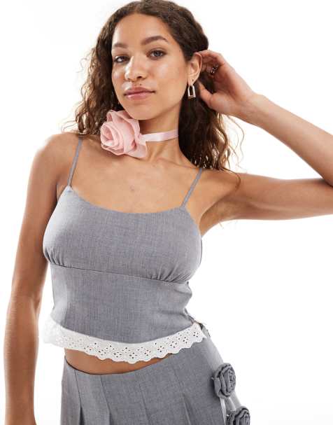 Reclaimed Vintage tailored cami top with lace trim in grey - view 1