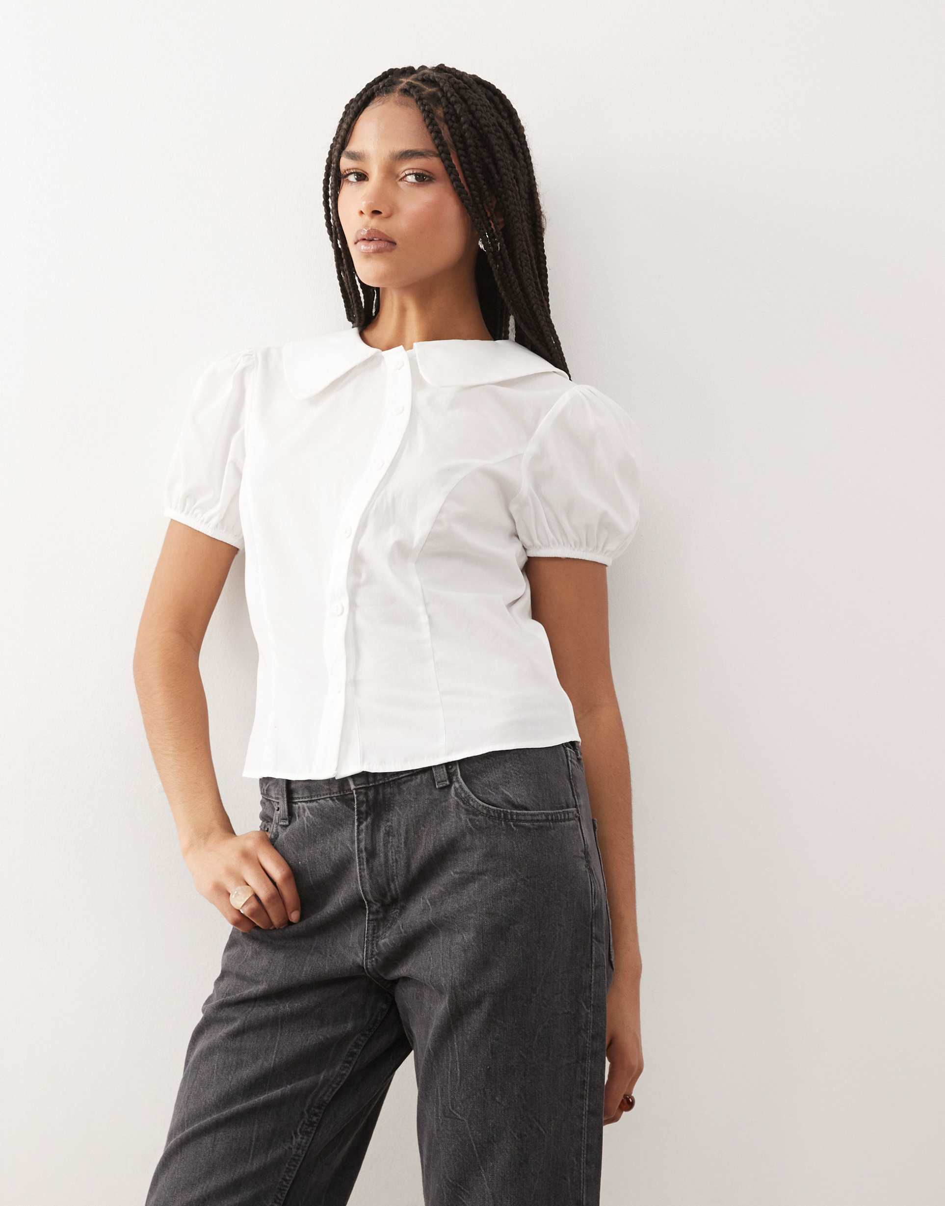 reclaimed vintage tailored fit shirt with asymmetric buttons and puff sleeves in ivory