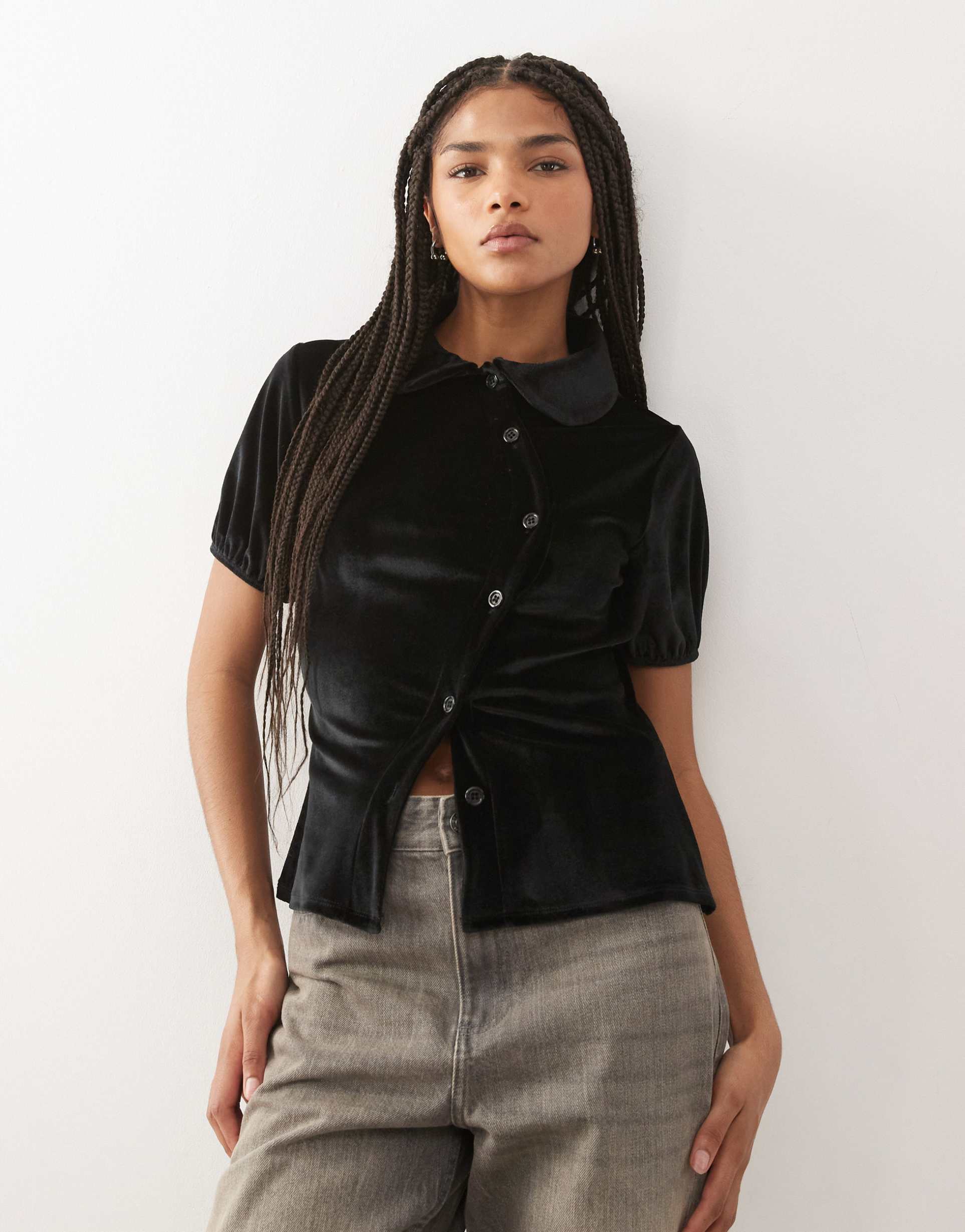 reclaimed vintage tailored fit velvet shirt with asymmetric buttons and puff sleeves in black