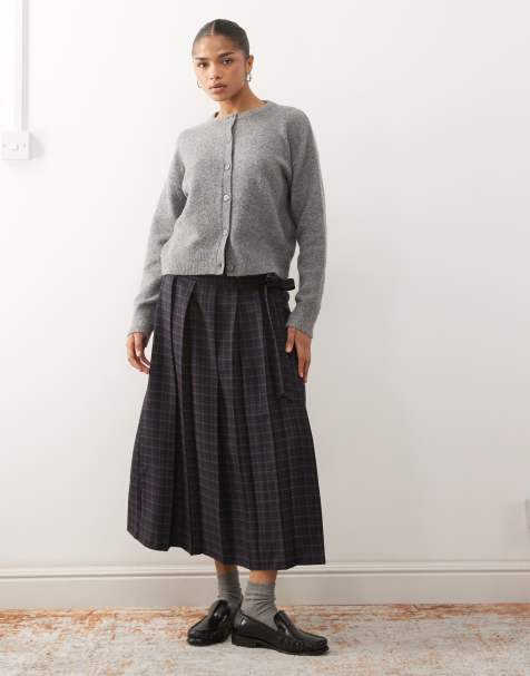 Reclaimed Vintage tailored kilt midi skirt with bow wrap detail in navy check - view 1