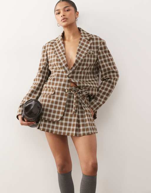 Reclaimed Vintage tailored mini skort with bows in brown plaid - part of a set, 3 of 5