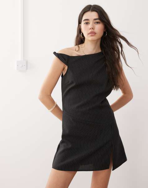 Reclaimed Vintage tailored structured mini skort dress with one shoulder detail in black pinstripe - BLACK - view 1