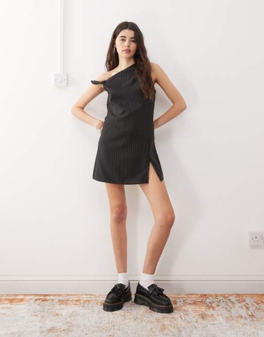 Reclaimed Vintage tailored structured mini skort dress with one shoulder  detail in black pinstripe