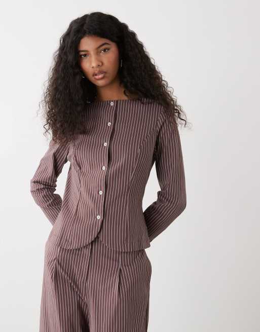 Reclaimed Vintage tailored top and wide leg pants in brown and blue pinstripe