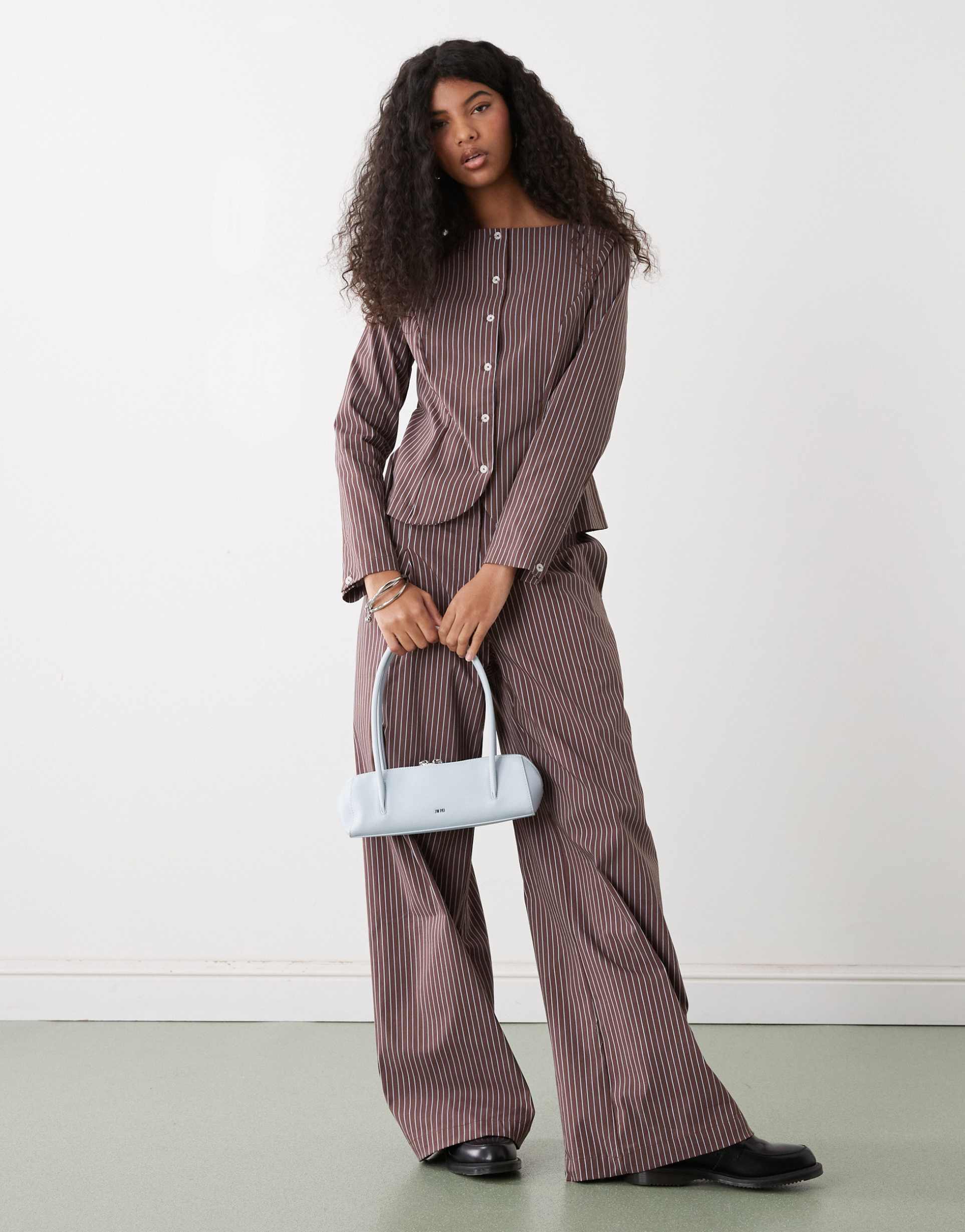 reclaimed vintage tailored top with button down front in brown and blue pinstripe