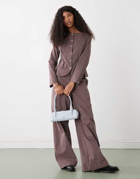 Reclaimed Vintage tailored top with button down front in brown pinstripe - view 1