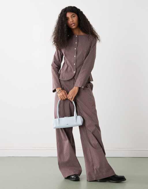 Reclaimed Vintage tailored top with button down front in brown pinstripe