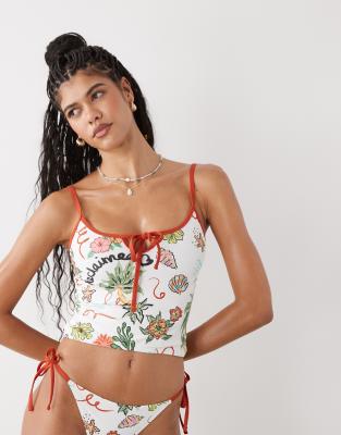Reclaimed Vintage - Tankini à fente goutte d'eau et imprimé tropical carte postale-Multicolore