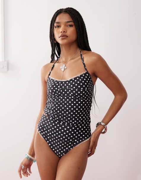 Reclaimed Vintage tankini bikini top with frilly trim in black polka dot print - view 1
