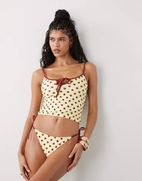 Reclaimed Vintage tankini in yellow and brown polka dot print - view 1