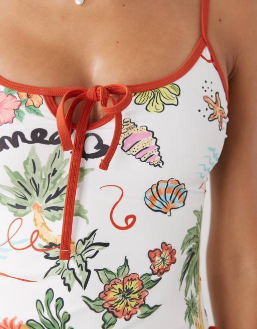 Reclaimed Vintage – Tankini-Oberteil mit Schlüssellochausschnitt und tropischem Retro-Postkartenmuster, 3 von 4