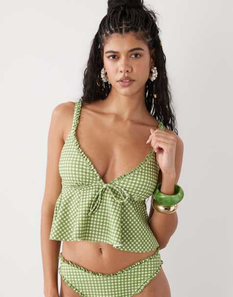 Reclaimed Vintage tankini top with floaty hem in green and white gingham plaid - view 1