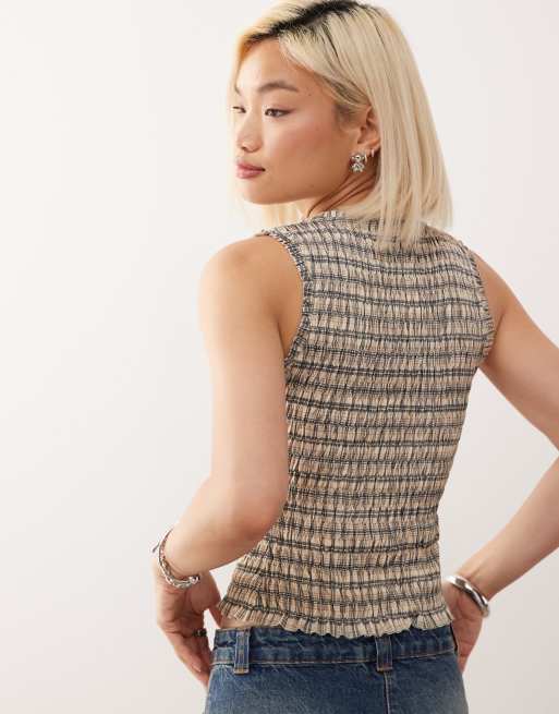 Reclaimed Vintage – Tanktop in neutralem Farbton mit Karomuster, V-Ausschnitt und Raffung, 3 von 4