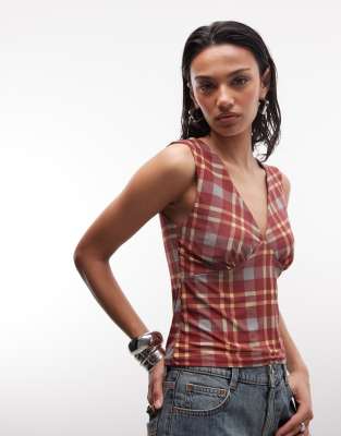 Tanktop in Rot mit Karomuster und V-Ausschnitt Rot M