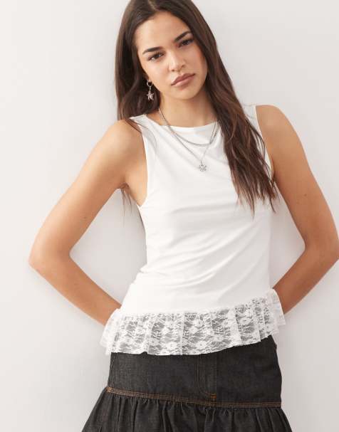 Reclaimed Vintage - Tanktop met rechte hals, asymmetrische zoom en kanten detail in crème - view 1