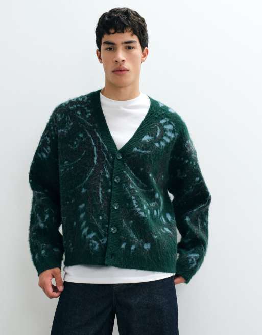 Reclaimed Vintage tapestry print oversized knitted cardi in forest green, 1 of 8