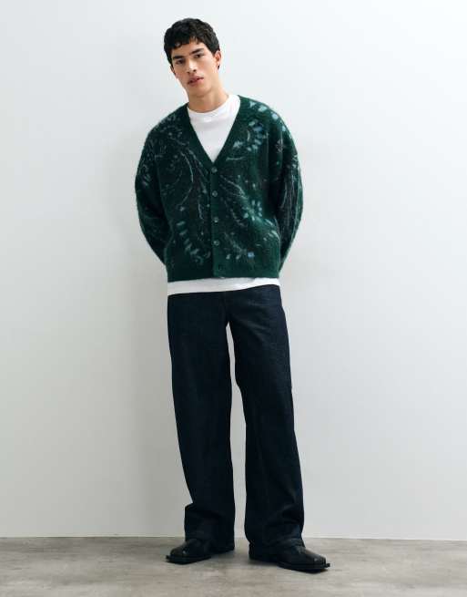 Reclaimed Vintage tapestry print oversized knitted cardi in forest green, 3 of 8