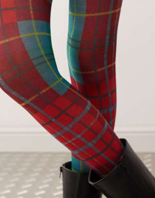 Reclaimed Vintage Tartan Print Tights-multi In Black