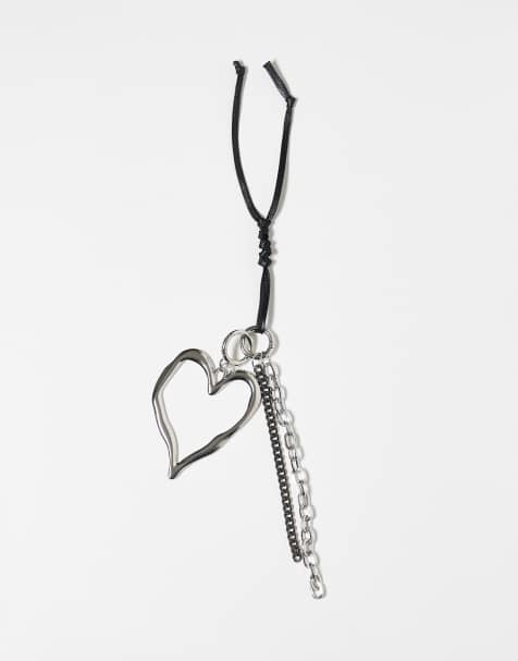 Reclaimed Vintage - Tashangertje en sleutelhanger met hart en zwart lint in zilver - view 1