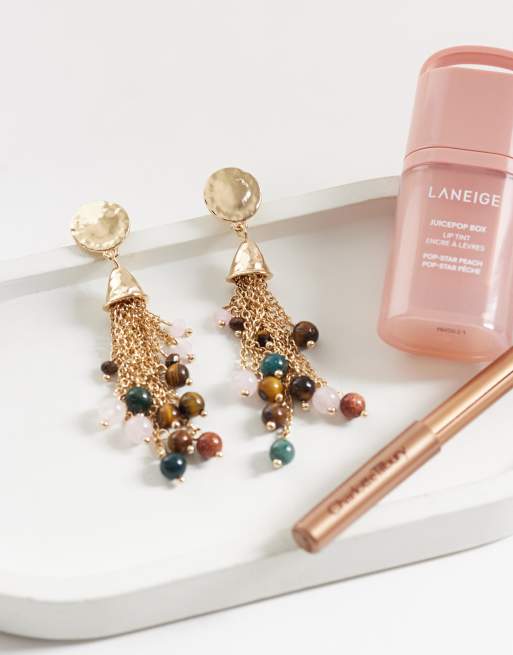 Reclaimed Vintage tassel earrings in gold with multi semi precious beads, 2 of 4