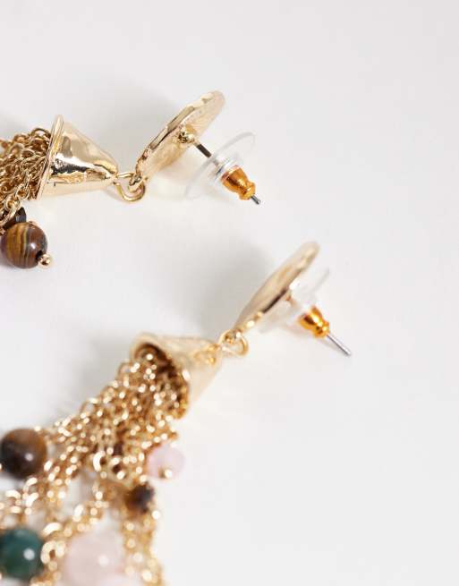 Reclaimed Vintage tassel earrings in gold with multi semi precious beads, 3 of 4