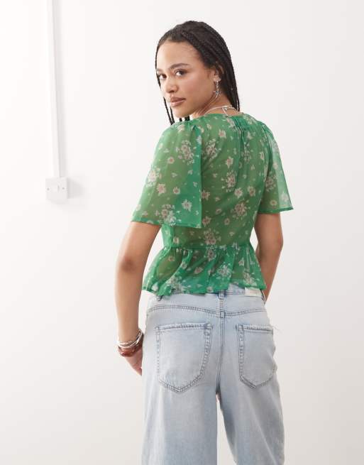 Reclaimed Vintage tea blouse with lace collar in green floral print, 3 of 4