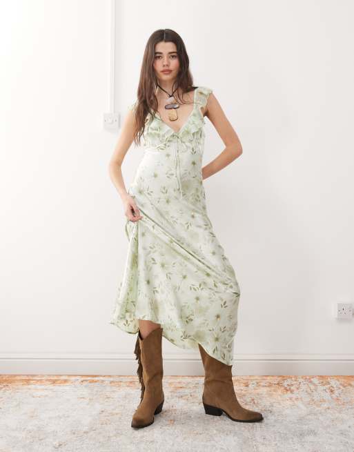 Reclaimed Vintage - Tea-maxikjole med cami-stropper, flagreærmer og grønt blomstermønster , 2 af 4