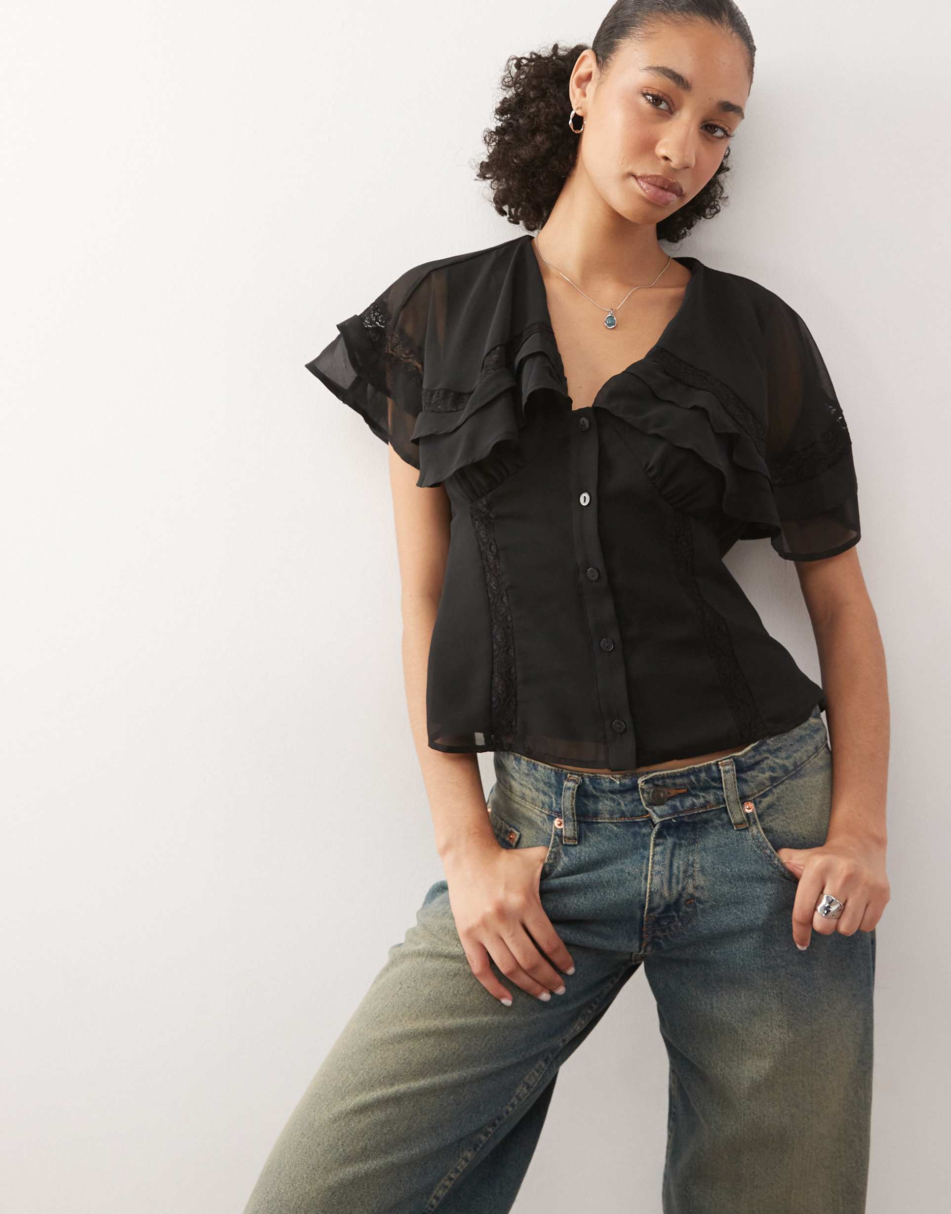 reclaimed vintage tea top with cape collar in black