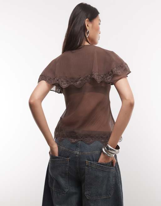 Reclaimed Vintage tea top with collar in chocolate brown chiffon, 3 of 4