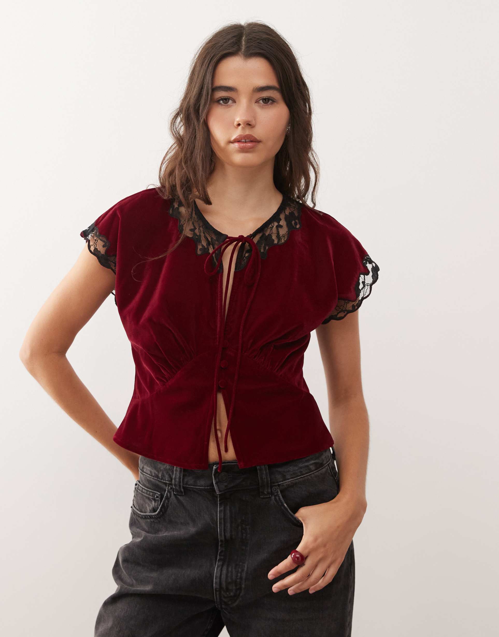 reclaimed vintage tea top with inserted lace in burgundy velvet