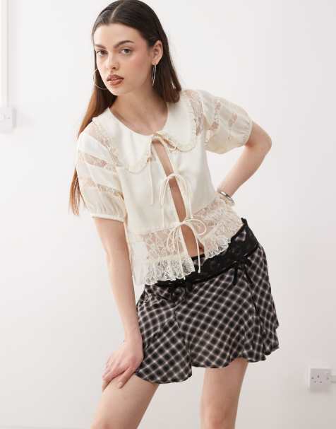 Reclaimed Vintage tea top with lace inserts and collar - view 1