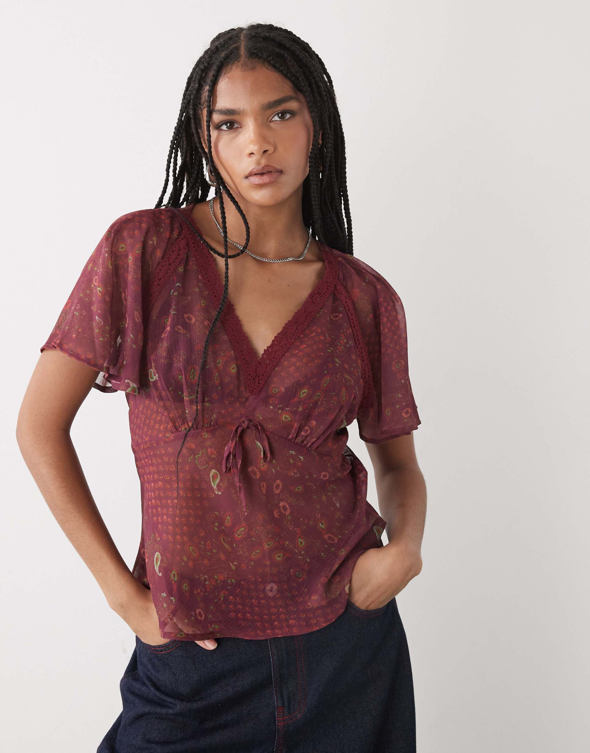 reclaimed vintage tea top with lace trim in burgundy paisley print