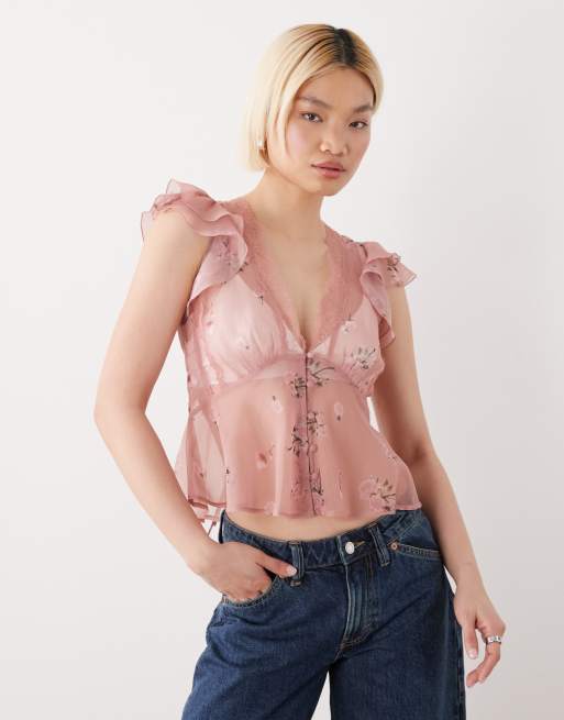 Reclaimed Vintage tea top with lace trims and button down in pink floral print