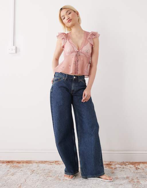 Reclaimed Vintage tea top with lace trims and button down in pink floral print, 3 of 4