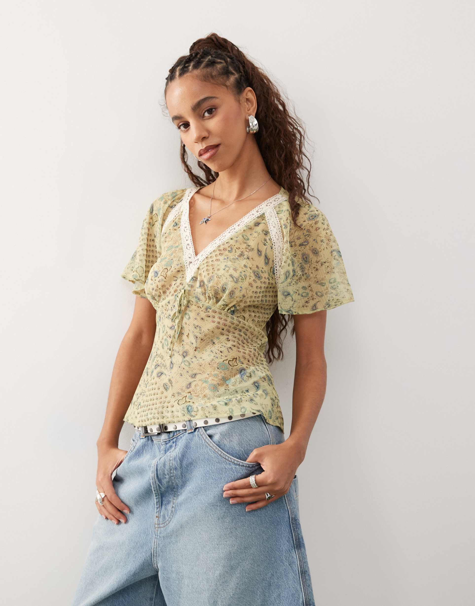 reclaimed vintage tea top with lace trims in green paisley print