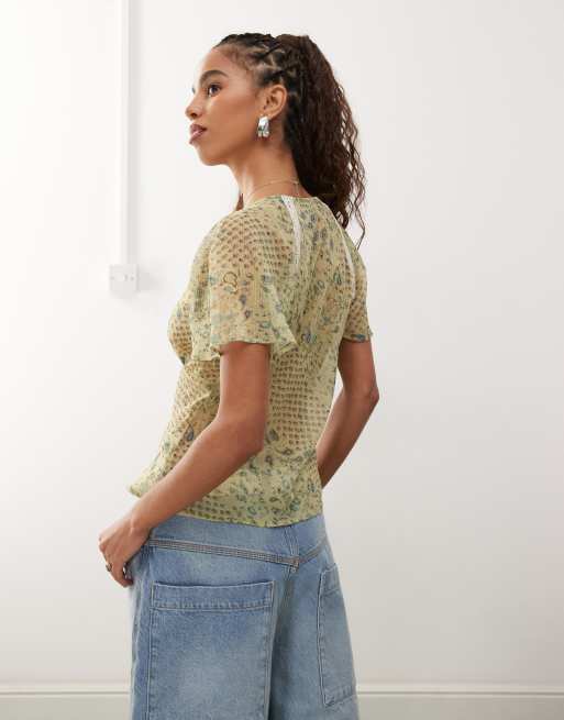 Reclaimed Vintage tea top with lace trims in green paisley print
