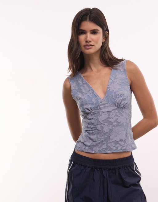 Reclaimed Vintage texture burnout v neck top in blue