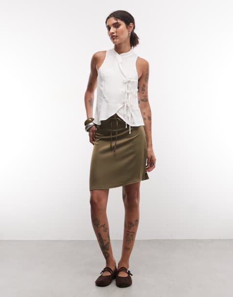 Reclaimed vintage textured awkward length skirt in olive - view 1